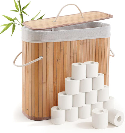 Leinuosen Bamboo Toilet Paper Storage Basket with Lid, Beige, Regular