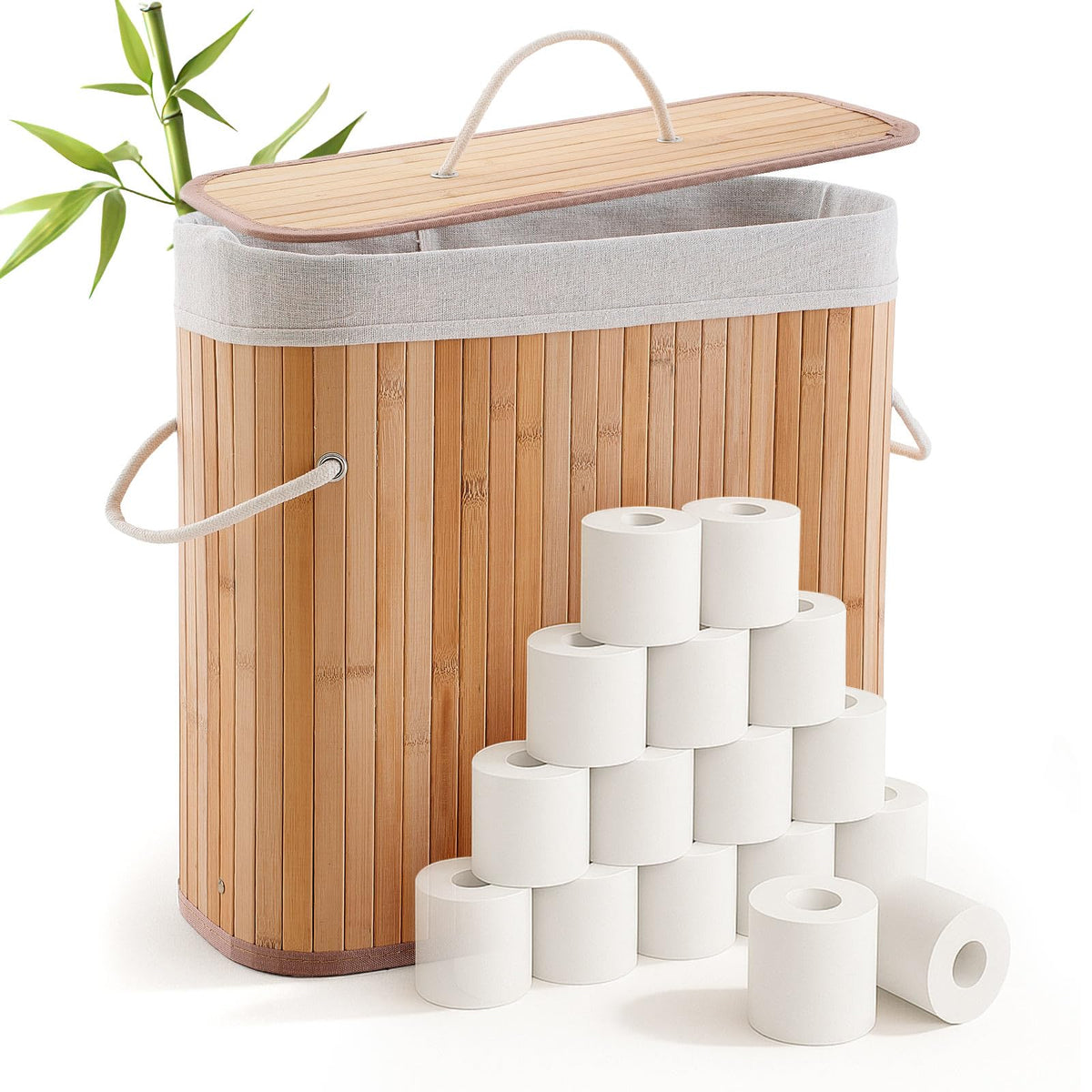 Leinuosen Bamboo Toilet Paper Storage Basket with Lid, Beige, Regular