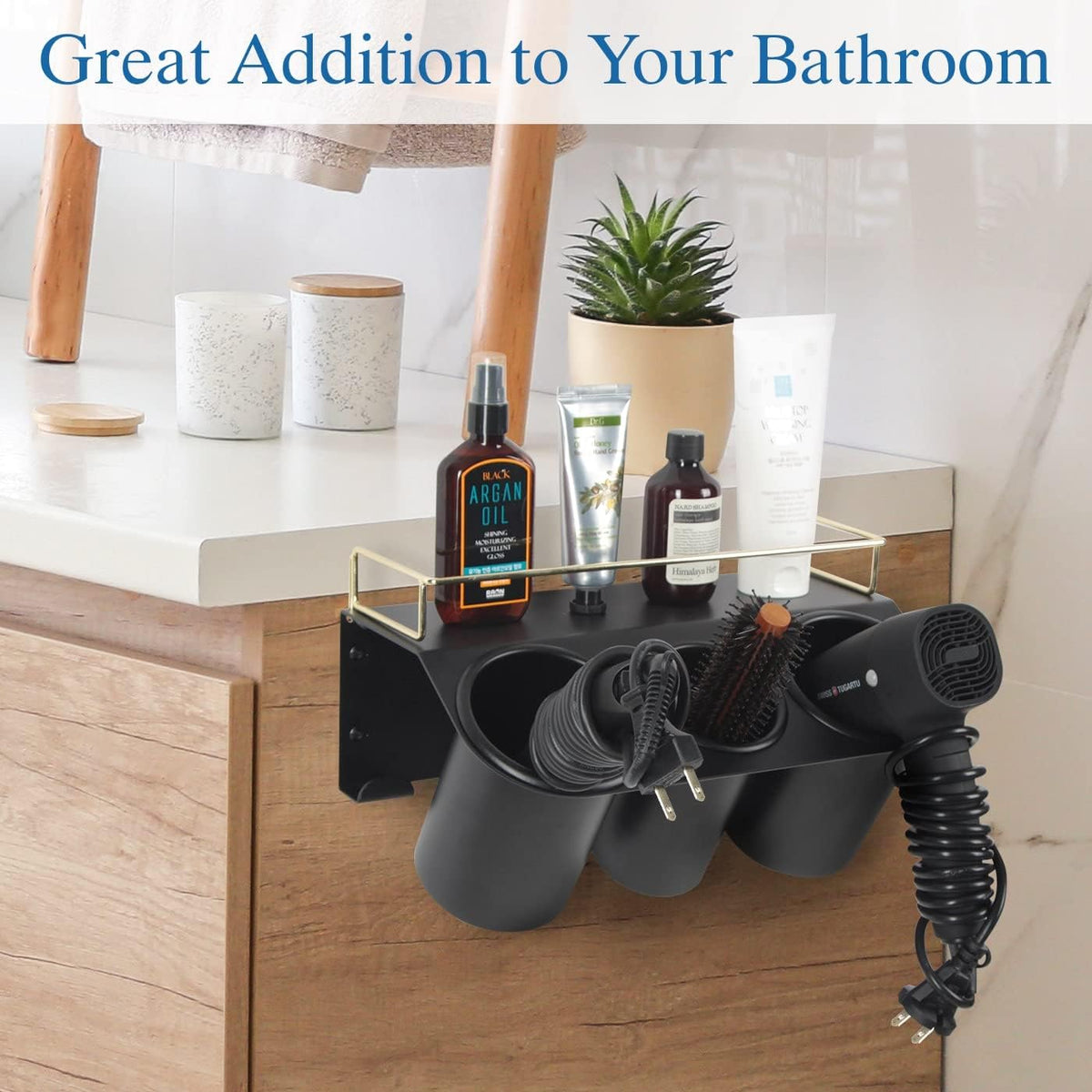 J JACKCUBE DESIGN Hair Dryer Holder Wall Mount Bathroom Vanity Hair Styling Care Tool Accessories 3 Cups Storage Organizer Caddy with Shelf Steel Black Gold- MK1002A (Black)