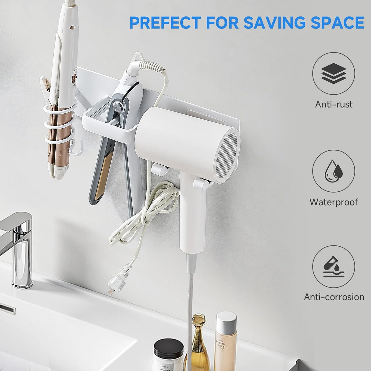 Hair Dryer Holder Wall Mounted,Blow Dryer, Curling Iron, Straightener Holder 3 in 1 Bathroom Metal Hair Tool Organizer Rack-Matte White-2
