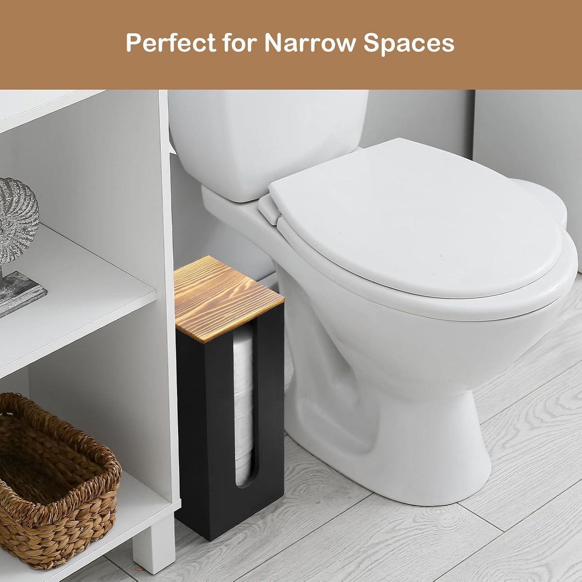 OUTNILI Freestanding Toilet Paper Holder Stand with Lid, Black Wooden Toilet Paper Storage Organizer for Bathroom Floor, Rustic Farmhouse Toilet Paper Storage Holds 3 Extra Large Rolls