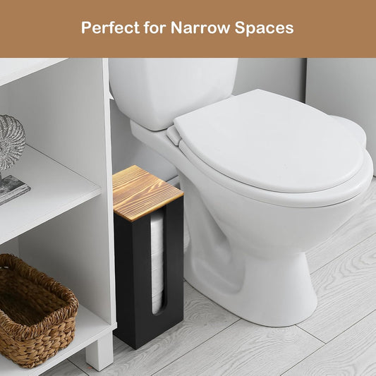 OUTNILI Freestanding Toilet Paper Holder Stand with Lid, Black Wooden Toilet Paper Storage Organizer for Bathroom Floor, Rustic Farmhouse Toilet Paper Storage Holds 3 Extra Large Rolls