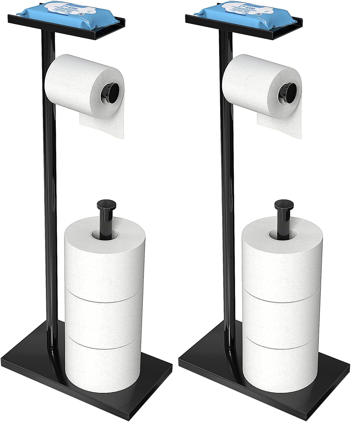 CISILY Black Toilet Paper Holder Stand with Storage Shelf, Free Standing Toilet Paper Roll Holders, Bathroom Toliet Tissue Holder Accessories Essentials