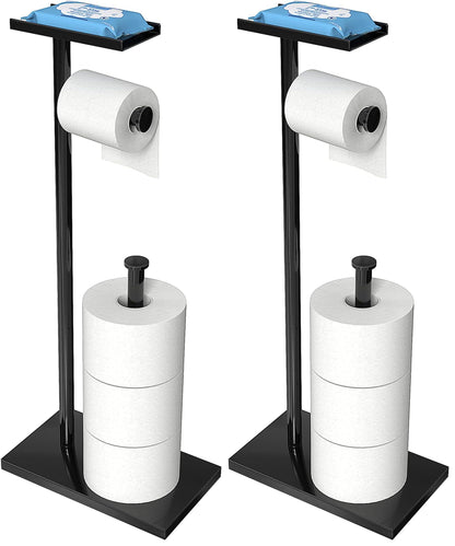 CISILY Black Toilet Paper Holder Stand with Storage Shelf, Free Standing Toilet Paper Roll Holders, Bathroom Toliet Tissue Holder Accessories Essentials