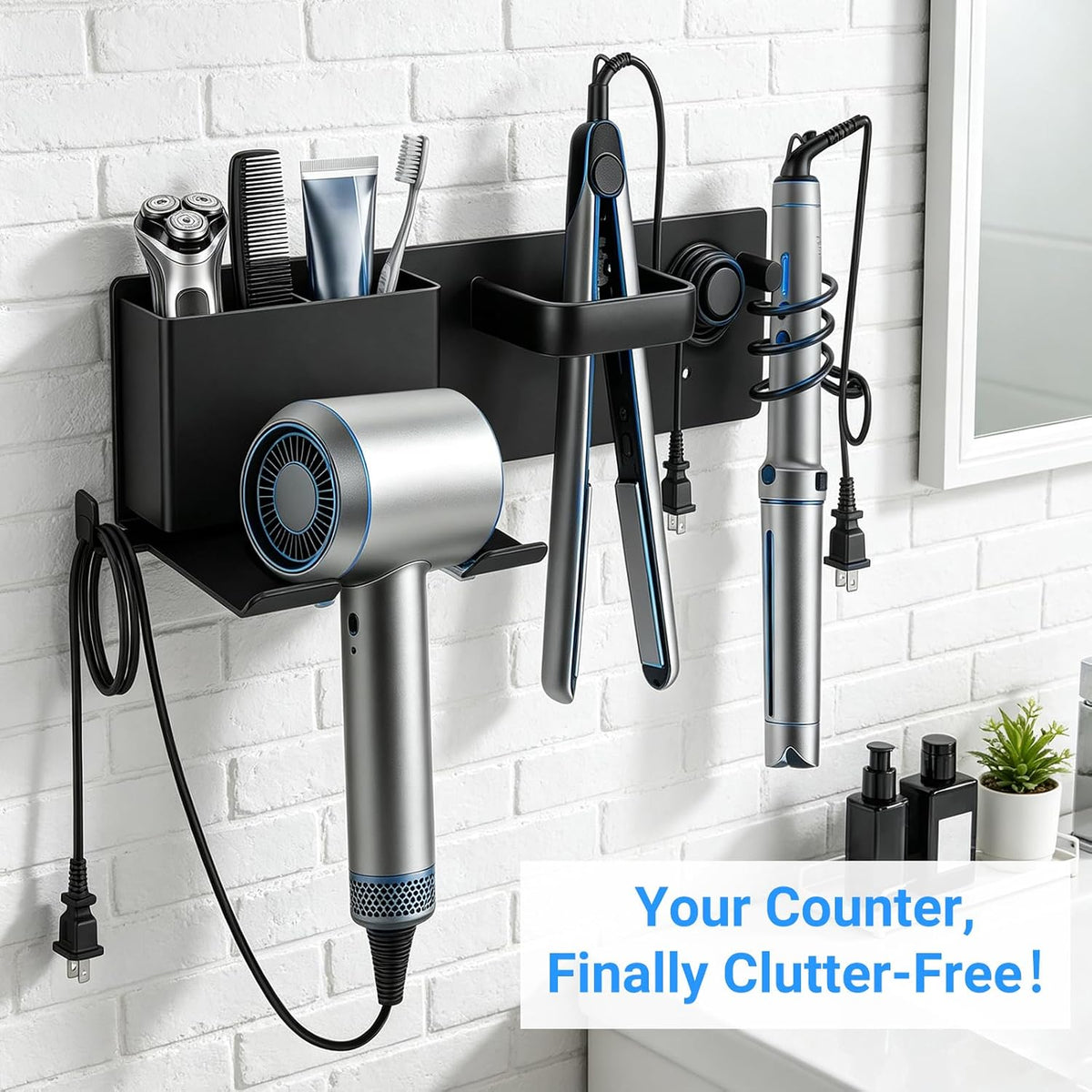 Hair Dryer Holder Wall Mount with 2 Storage Compartments, Aerospace Aluminum Blow Dryer Curling Iron Flat Iron Holder, No Drill Adhesive Bathroom Hair Tool Organizer, Heat Resistant (Black)