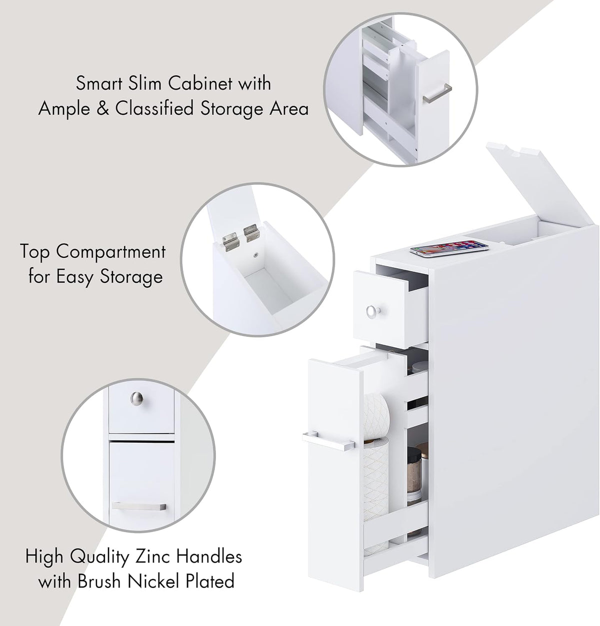 Spirich Slim Bathroom Storage Cabinet with Toilet Paper Holder, White