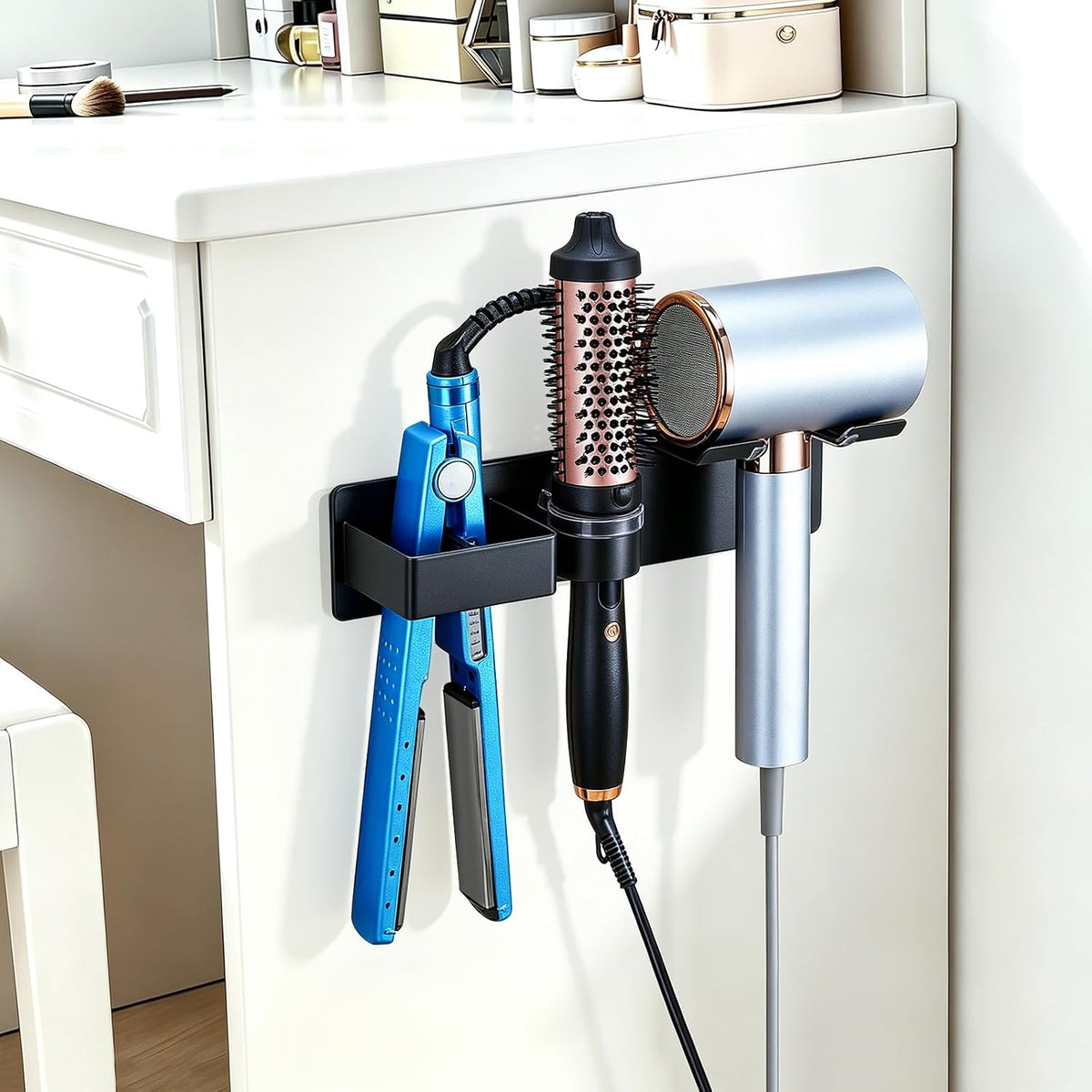 Hair Dryer Holder Wall Mount Curling Iron Holder Flat Iron Holder, Blow Dryer Holder Wall, 3 in 1 Bathroom Hair Tool Organizer Rack for Universal Hairdryer Straightener Curlings (Black)