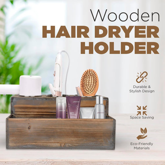 Besti Wooden Hair Dryer Holder – Hair Tools and Styling Supplies Organizer and Storage for Vanity and Bathroom - Natural Elegant Design - Multi-Functional Caddy for Accessories, Makeup, Toiletries