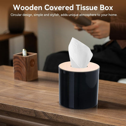 2PCS Tissue Box Cover, Toilet Paper Storage with Lid Round Toilet Paper Roll Cover Wooden Dispenser for Bathroom Kitchen (Black)