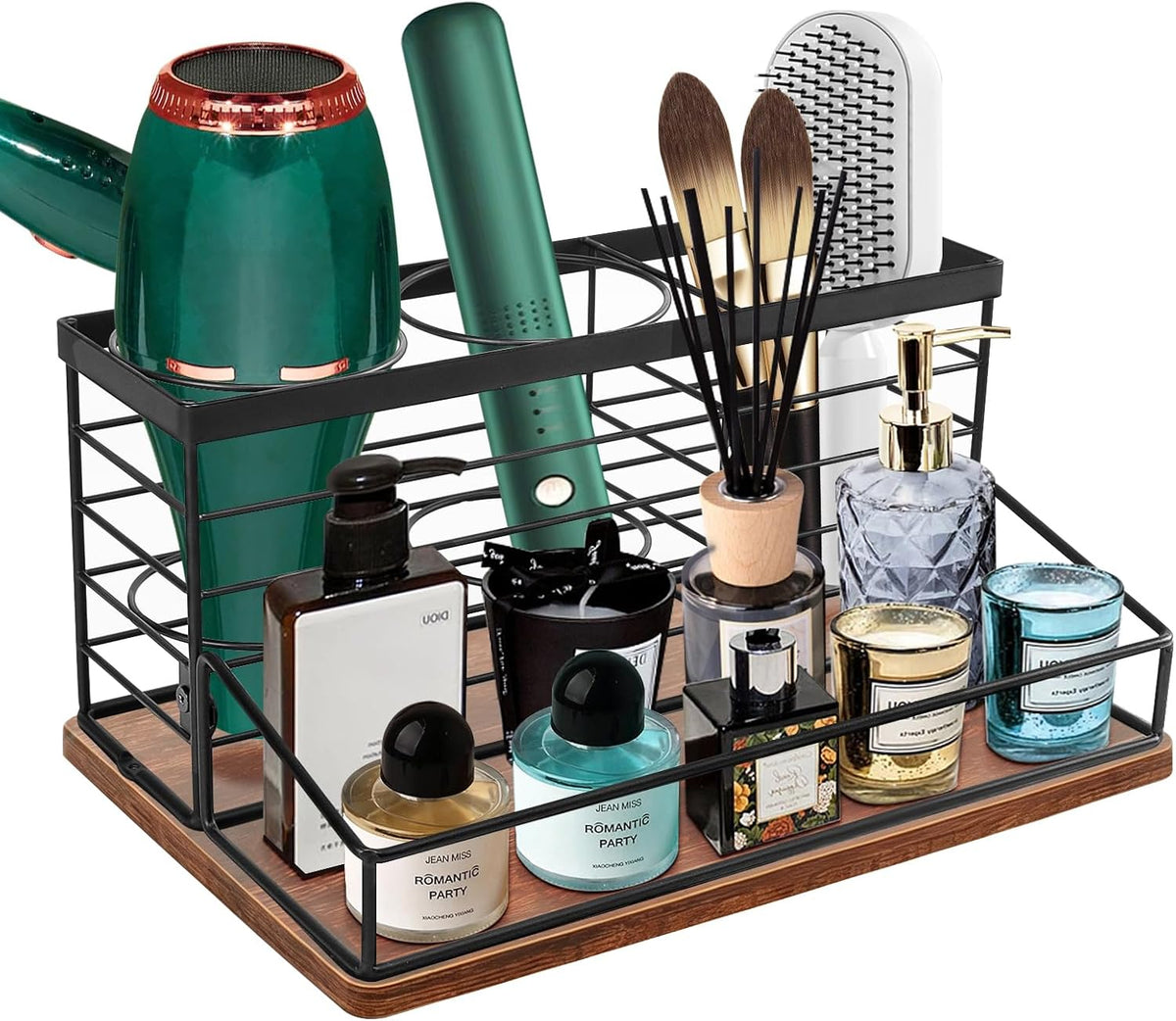 Hair Tool Organizer, Movable Hair Dryer Holder, Hair Styling Tools Storage for Vanity, Bath Counter Organizer, Bathroom Trays for Hair Toiletry, Makeup (12" x 7.7" x 5.8", Wood-Black)