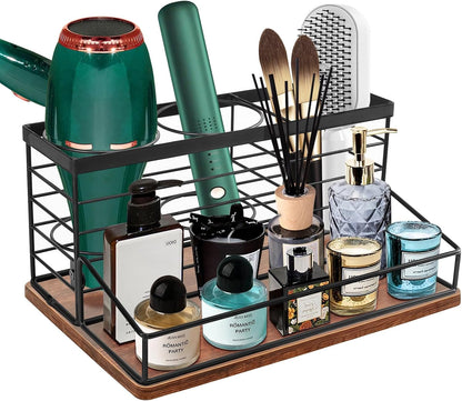 Hair Tool Organizer, Movable Hair Dryer Holder, Hair Styling Tools Storage for Vanity, Bath Counter Organizer, Bathroom Trays for Hair Toiletry, Makeup (12" x 7.7" x 5.8", Wood-Black)
