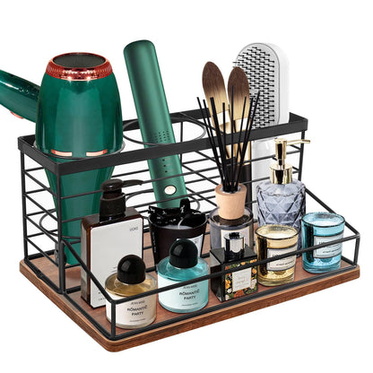Hair Tool Organizer, Movable Hair Dryer Holder, Hair Styling Tools Storage for Vanity, Bath Counter Organizer, Bathroom Trays for Hair Toiletry, Makeup (12" x 7.7" x 5.8", Wood-Black)