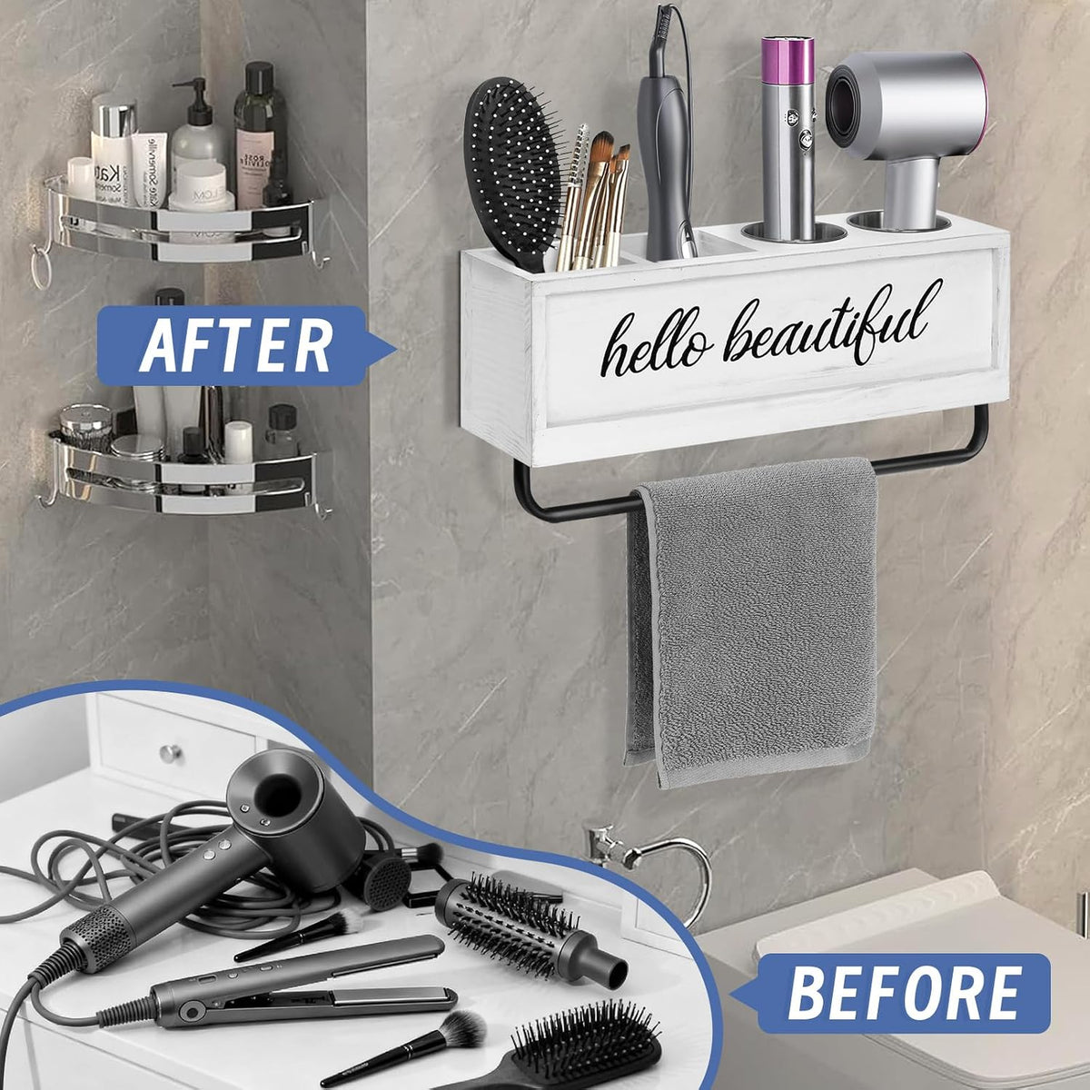 Hair Dryer Holder Wall Mounted, Hair Tools and Styling Organizer with Towel Bar, Farmhouse Beauty Hair Appliance Holder for Flat Iron, Curling Wand, Towel Rack (White)