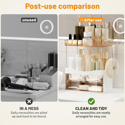 Bathroom Counter Organizer with Hair Dryer Holder, 2 Tier Storage Drawers