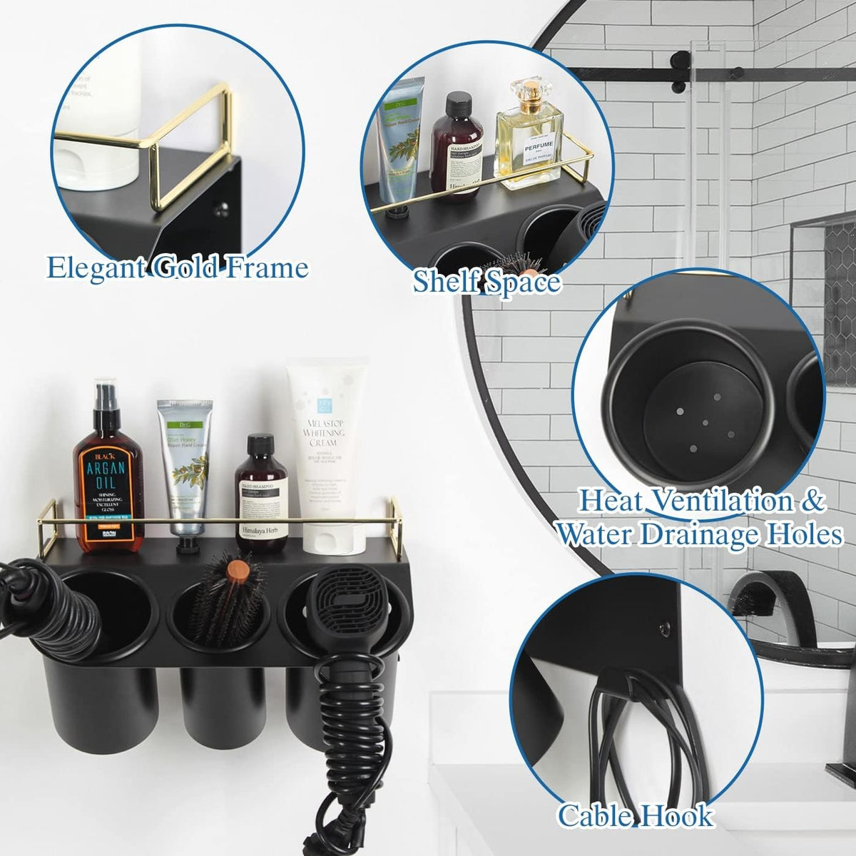 J JACKCUBE DESIGN Hair Dryer Holder Wall Mount Bathroom Vanity Hair Styling Care Tool Accessories 3 Cups Storage Organizer Caddy with Shelf Steel Black Gold- MK1002A (Black)