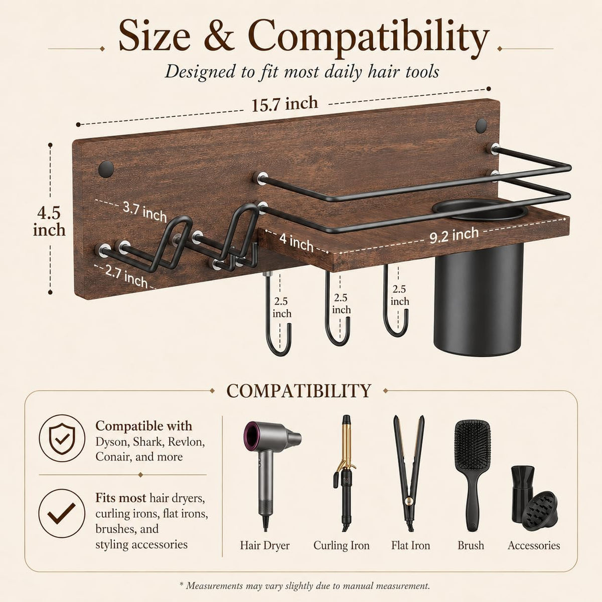 RoleDes Wooden Hair Dryer Holder Wall Mounted, Bathroom Hair Tool Organizer, Blow Dryer Holder Shelf, Curling Iron and Hair Styling Tools Organizer