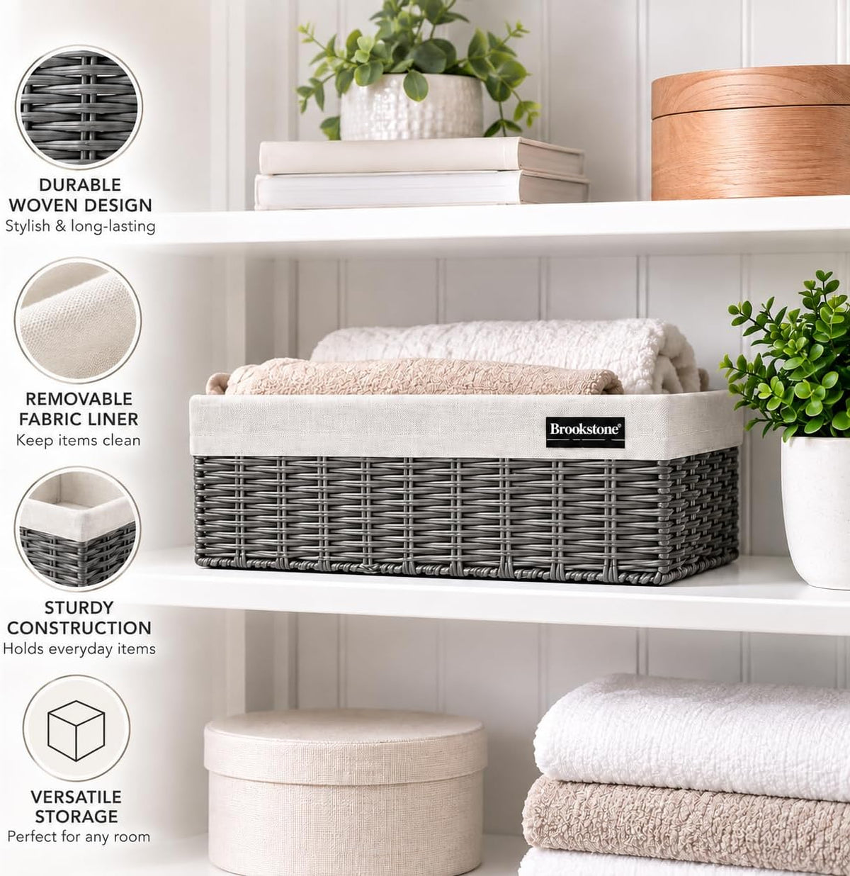 Brookstone Over the Toilet Tank Wicker Storage Basket, Bathroom and Closet Organizers and Storage Bins with Fabric Liner, Grey, 2 Pack Set