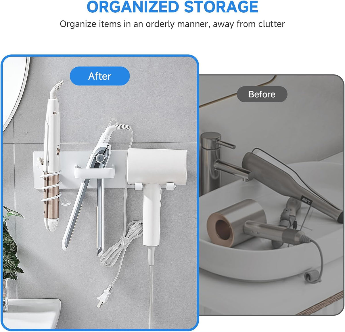 Hair Dryer Holder Wall Mounted,Blow Dryer, Curling Iron, Straightener Holder 3 in 1 Bathroom Metal Hair Tool Organizer Rack-Matte White-2
