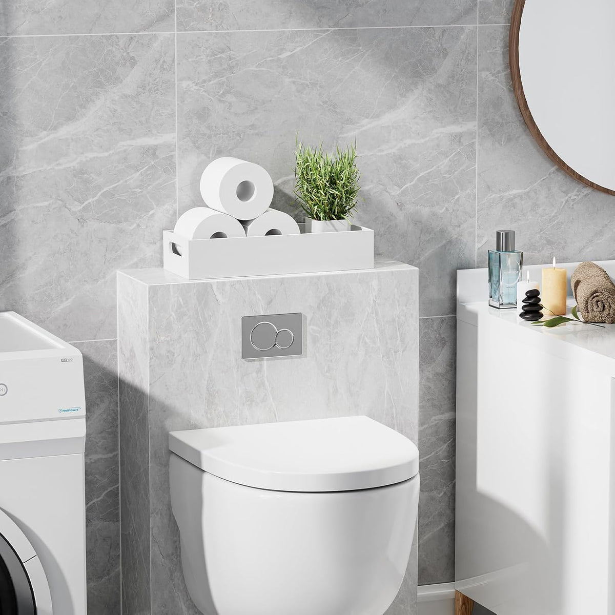 Tank Bamboo Bathroom Tray, Back Toilet Paper Holder Basket Storage, White