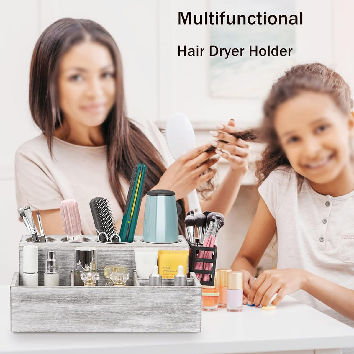 Hair Tool Organizer, Wooden Hair Dryer Holder and Bathroom Countertop Blow Dryer Holder, Vanity Caddy Storage Stand for Accessories, Makeup, Toiletries