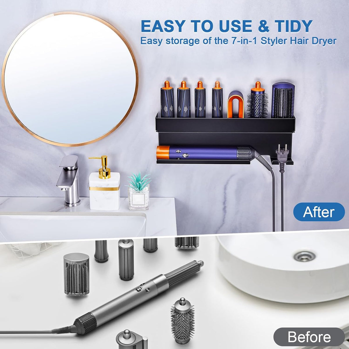Blow Dryer Holder Wall Mounted Hair Straightener Holder, Blow Dryer and Curling Iron Holder for 7 in 1 Styler Attachments, Hair Dryer Holder, Bathroom Hair Tools Organizer (Black)