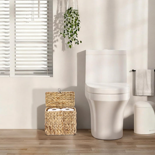 Sumnacon Toilet Paper Basket, Wicker Water Hyacinth Toilet Paper Holder with Handles and Lid, Holds Up to 4 Mega Rolls, Decorative Farmhouse Woven Bathroom Accessories Toilet Tissues Organizer, Small