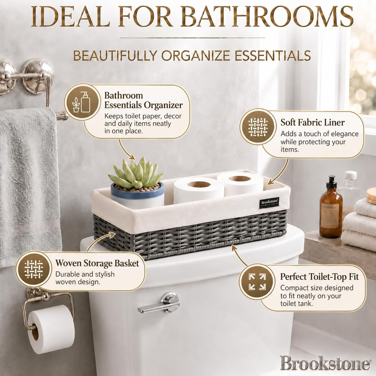 Brookstone Over the Toilet Tank Wicker Storage Basket, Bathroom and Closet Organizers and Storage Bins with Fabric Liner, Grey, 2 Pack Set