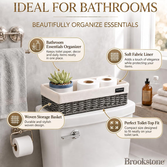Brookstone Over the Toilet Tank Wicker Storage Basket, Bathroom and Closet Organizers and Storage Bins with Fabric Liner, Grey, 2 Pack Set