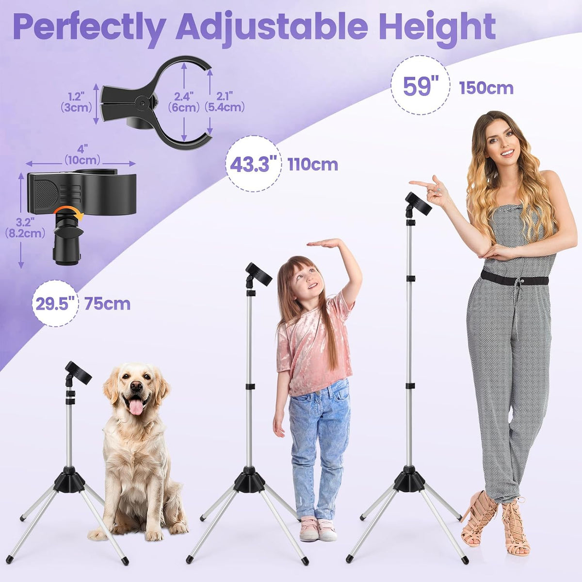 Adjustable Hair Dryer Stand, 29-59 Inch Hair Dryer Holder with Tripod and Universal Clip, 360-Degree Rotating Blow Dryer Stand for Bathroom, Vanity, Makeup Roo, black