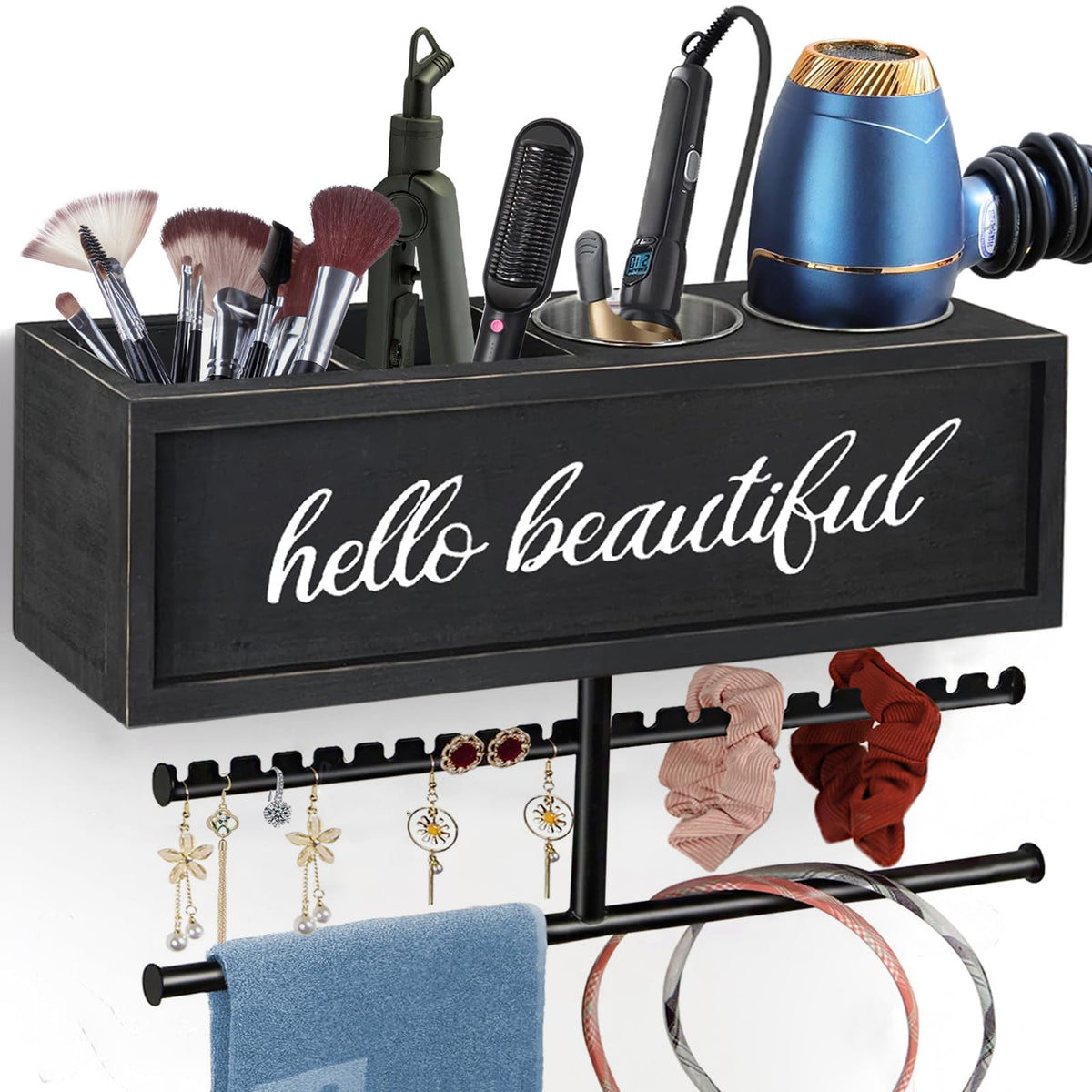 Rustic Hair Dryer Holder Wall Mounted,Hair Styling Tools & Accessories Organizer,Bathroom Supplies & hot Tools vanities Organizer Caddy,for Storage Flat Iron,Blow Dryer,Curling Iron (White)