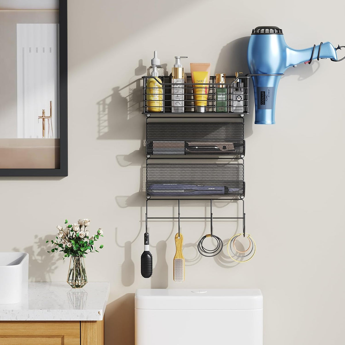 3 Tier Hair Tool Organizer Wall Mount, curling iron holder Basket, Black