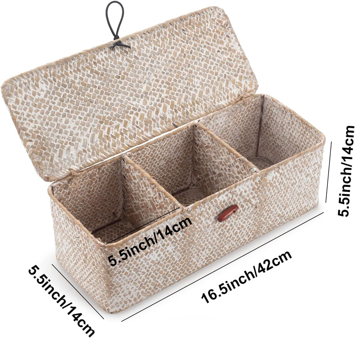 Whitewash Seagrass Tank Basket with Lid Woven Toilet Roll Storage Basket with Sections Rectangular for Organize Snack Toys (Large Compartment 16.5inch L x 5.5inch W x 5.5inch H)