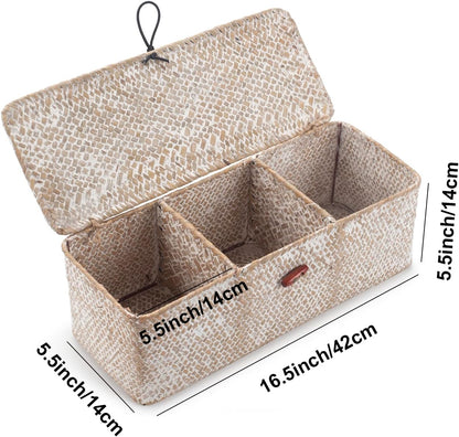 Whitewash Seagrass Tank Basket with Lid Woven Toilet Roll Storage Basket with Sections Rectangular for Organize Snack Toys (Large Compartment 16.5inch L x 5.5inch W x 5.5inch H)