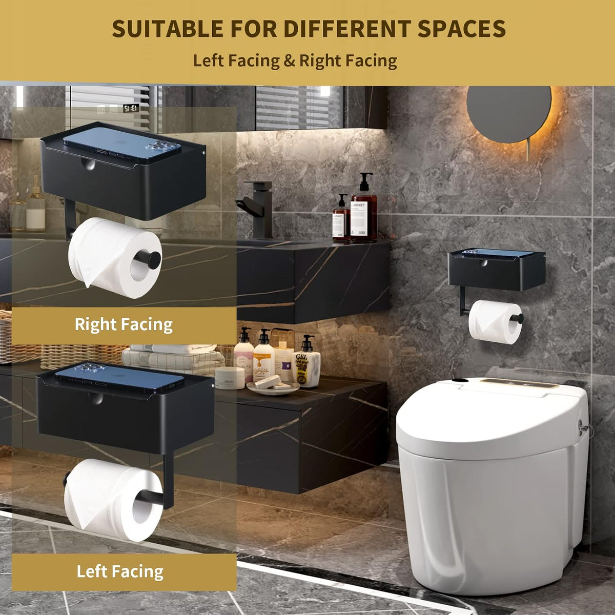 LAYUKI Toilet Paper Holder with Shelf, Wipe Holder for Bathroom, Large, Stainless Steel, Wall Mounted, Matt Black, Upgraded Toilet Paper Holder