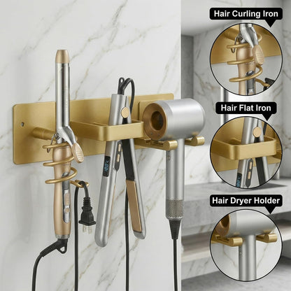 Hair Dryer Holder Hair Tool Organizer Metal Wall Mount (Gold)