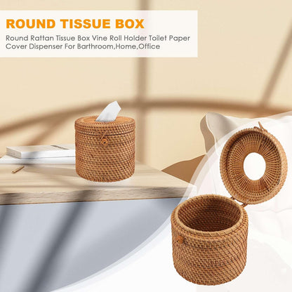 Round Rattan Tissue Box Vine Roll Holder Toilet Paper Cover Dispenser for Barthroom,Home,Hotel and Office
