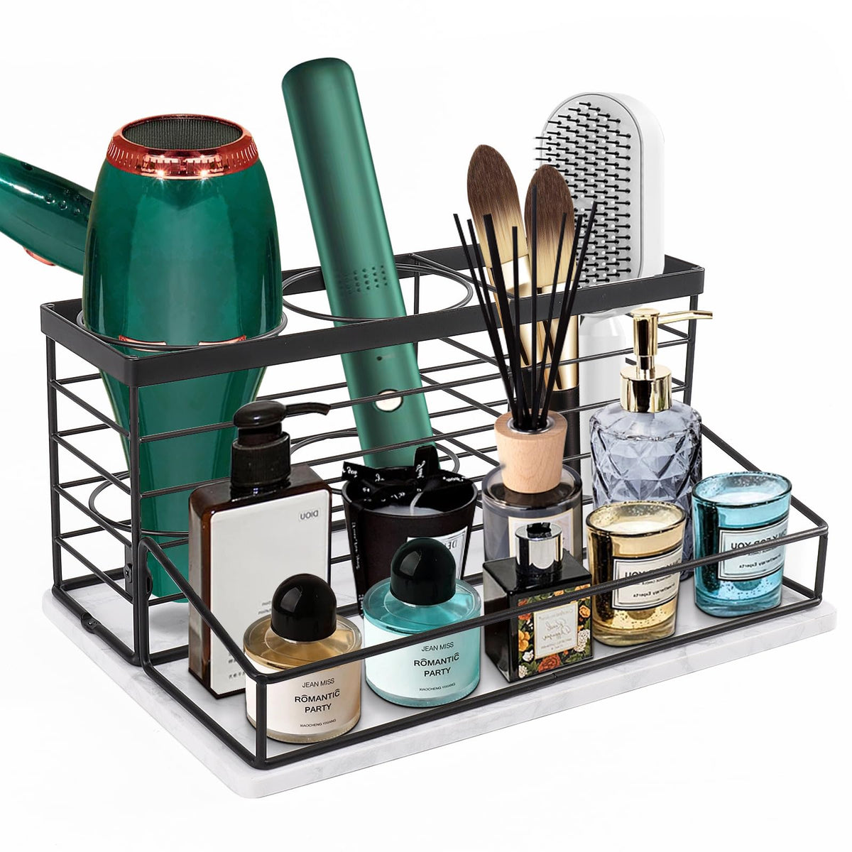 Hair Tool Organizer, Movable Hair Dryer Holder, Hair Styling Tools Storage for Vanity, Bath Counter Organizer, Bathroom Trays for Hair Toiletry, Makeup (12" x 7.7" x 5.8", Wood-Black)