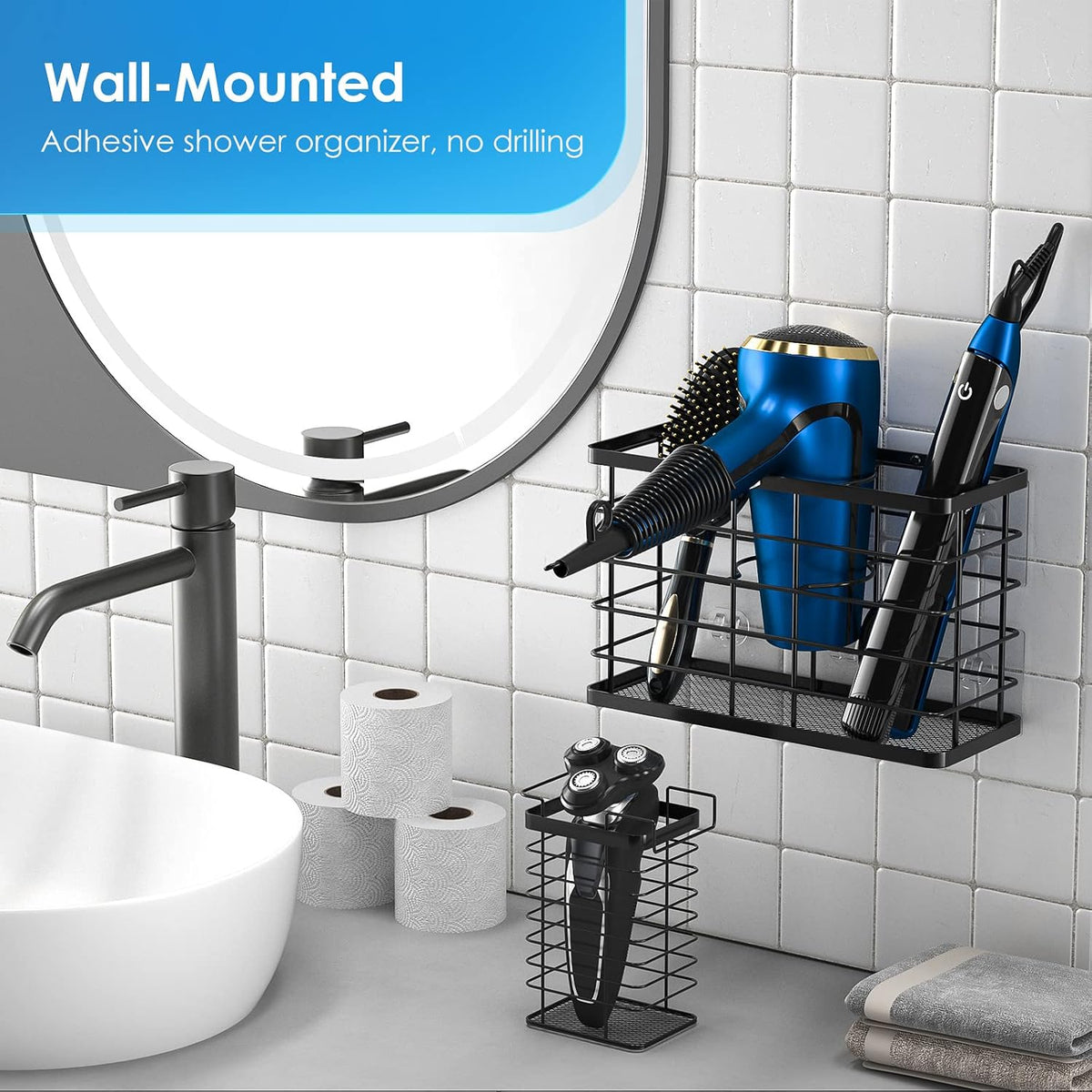 Hair Tool Organizer, Dryer Holder, 3 in 1 Blow Bathroom Organizer Wall Mounted/Cabinet Door for Flat Iron, Curling Straightener, Care & Styling Tools Storage Basket