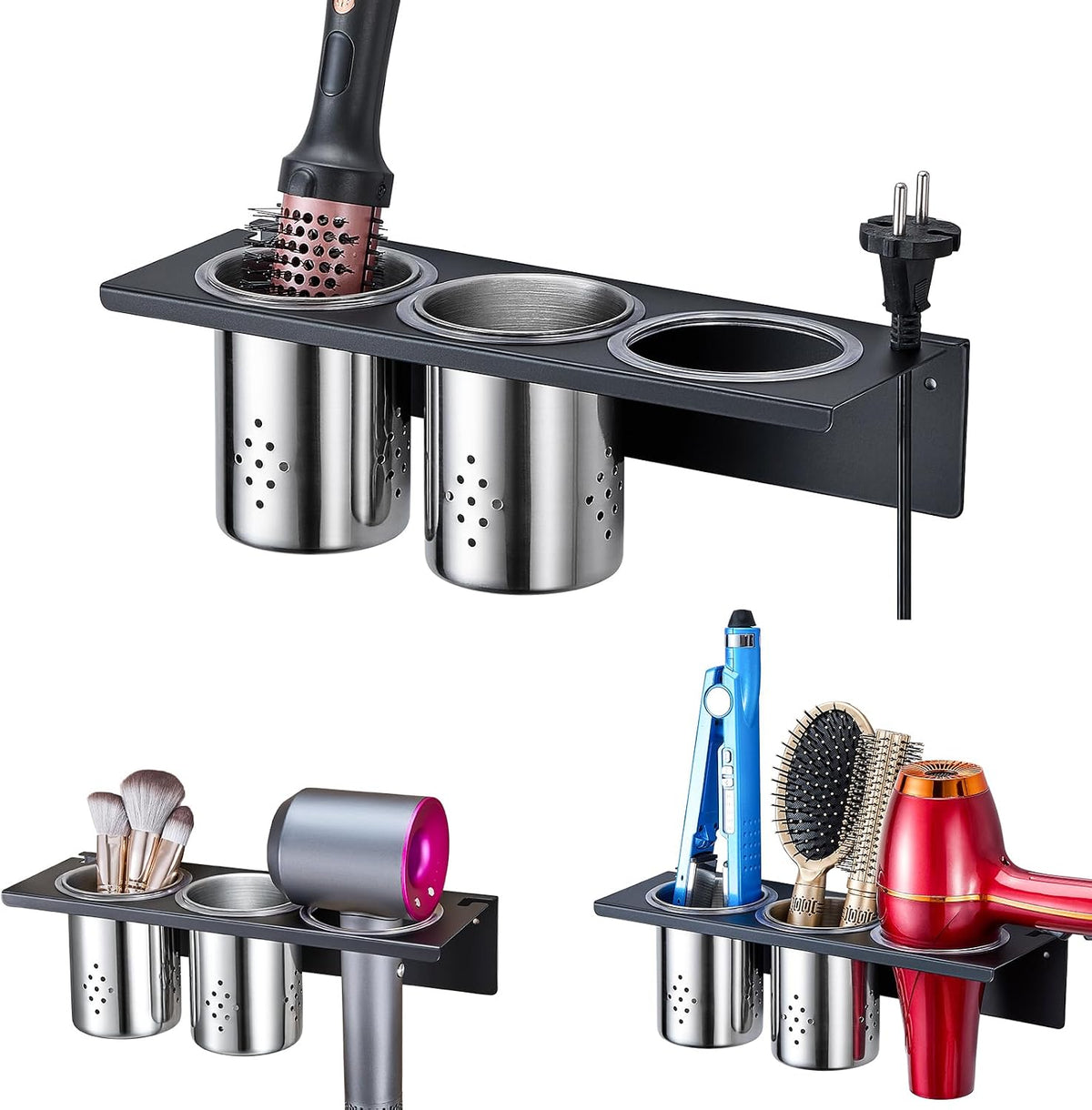Wall Mount Hair Tool Organizer, 3-in-1 Blow Dryer Holder with 2 Cups for Curling Wand & Flat Iron & Brushes & Hair Straighteners, Hot Tool Holder Hair Dryer Holder for Bathroom Vanity (Black)