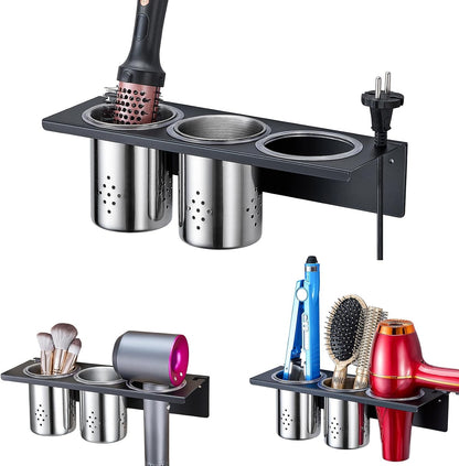 Wall Mount Hair Tool Organizer, 3-in-1 Blow Dryer Holder with 2 Cups for Curling Wand & Flat Iron & Brushes & Hair Straighteners, Hot Tool Holder Hair Dryer Holder for Bathroom Vanity (Black)