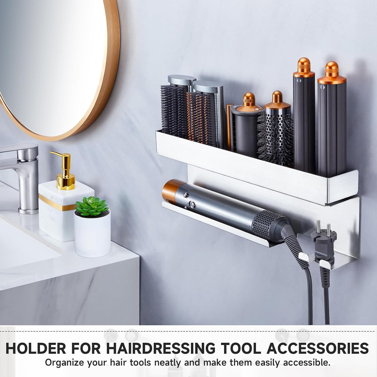 Storage Hair Dryer Holder for Curling Iron Wands Accessories, Hair Straightener Holder, Wall Mount Hair Tool Organizer for Styler Attachments, Curling Iron Holder Organizer for Bathroom, Silver
