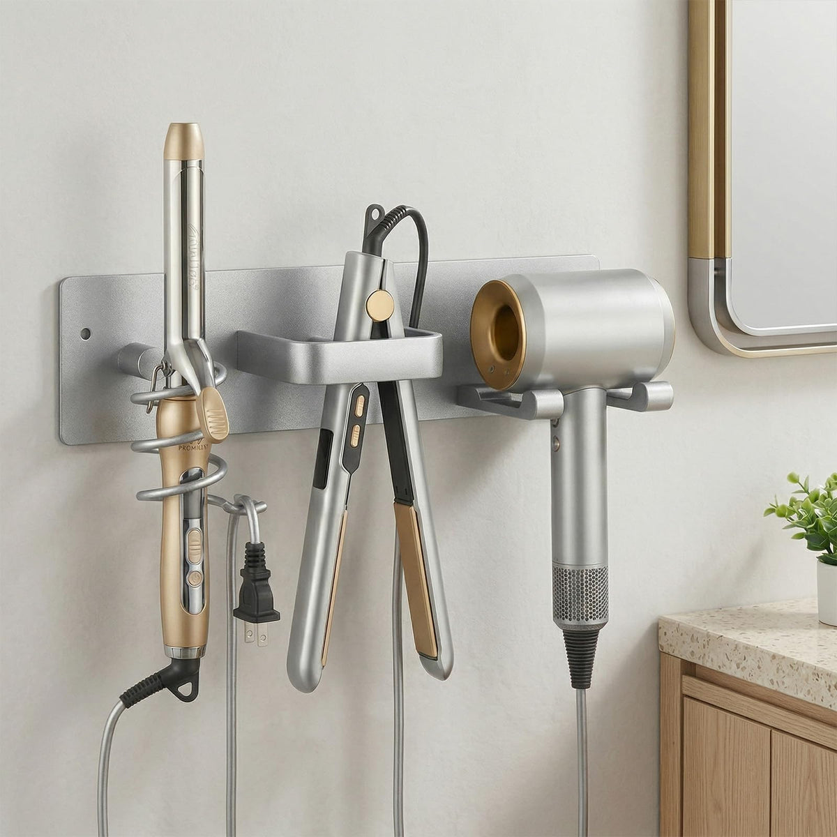 Hair Dryer Holder Hair Tool Organizer Metal Wall Mount (Gold)