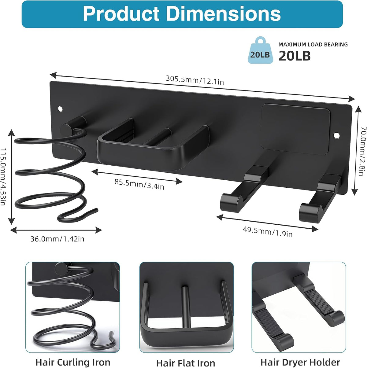 Hair Dryer Holder Hair Tool Organizer Metal Wall Mount(Matte Black)