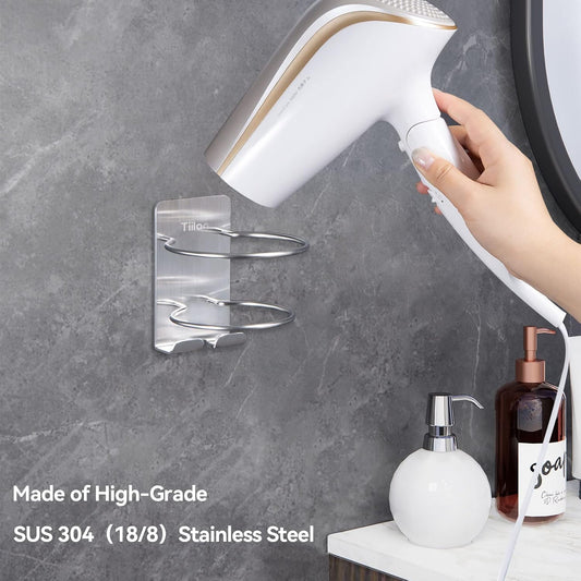 Hair Dryer Holder Wall Mount, Blow Dryer Holder Self Adhesive, SUS 304 Stainless Steel, Bathroom Hair Tool Organizer Rack, Silver