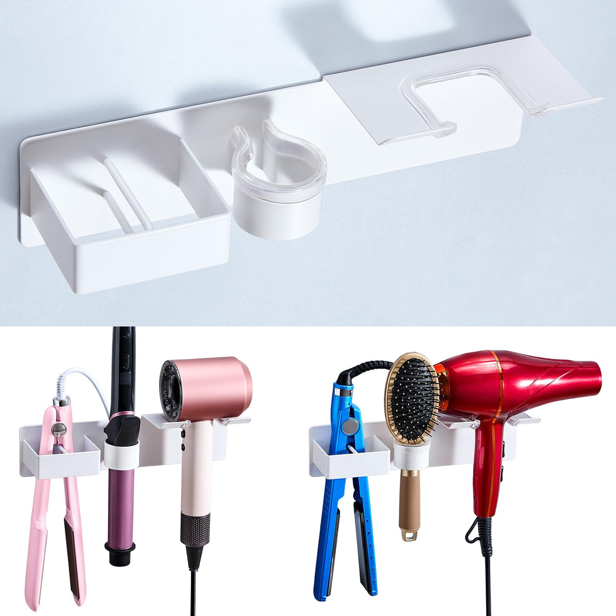Hair Dryer Holder Wall Mount Curling Iron Holder Flat Iron Holder, Blow Dryer Holder Wall, 3 in 1 Bathroom Hair Tool Organizer Rack for Universal Hairdryer Straightener Curlings (Black)