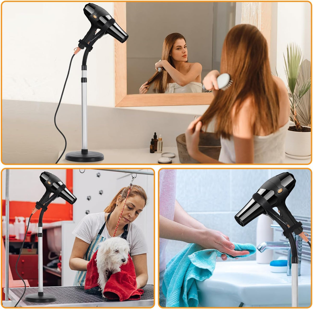 Erytlly Hair Dryer Stand Hands Free 360-Degree Rotating Adjustable Height Metal Hair Dryer Holder Blow Dryer Holder About for 0.5kg Hair Dryer in Bathroom, Vanity, Makeup Room Basic