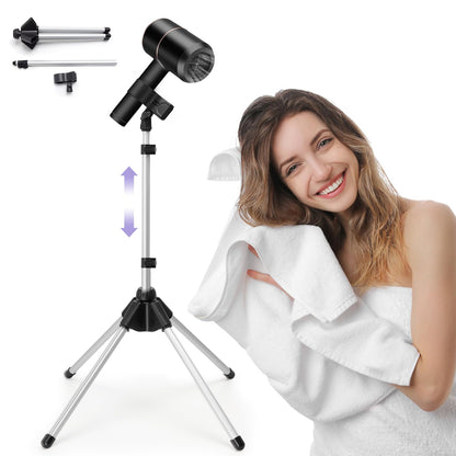 Adjustable Hair Dryer Stand, 29-59 Inch Hair Dryer Holder with Tripod and Universal Clip, 360-Degree Rotating Blow Dryer Stand for Bathroom, Vanity, Makeup Roo, black