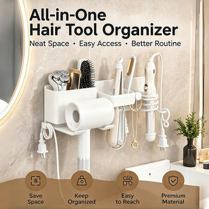 2026 Upgrade Hair Tool Organizer, 5 in 1 Hair Dryer Holder Wall Mounted & Adhesive, Metal Blow Dryer Holder, Curling Iron Holder & Flat Iron Organizer Rack, Waterproof & rustproof, Easy installation