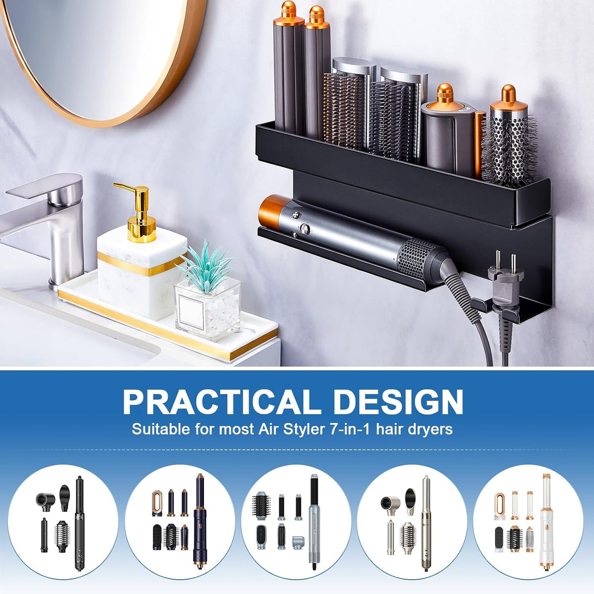 Blow Dryer Holder Wall Mounted Hair Straightener Holder, Blow Dryer and Curling Iron Holder for 7 in 1 Styler Attachments, Hair Dryer Holder, Bathroom Hair Tools Organizer (Black)