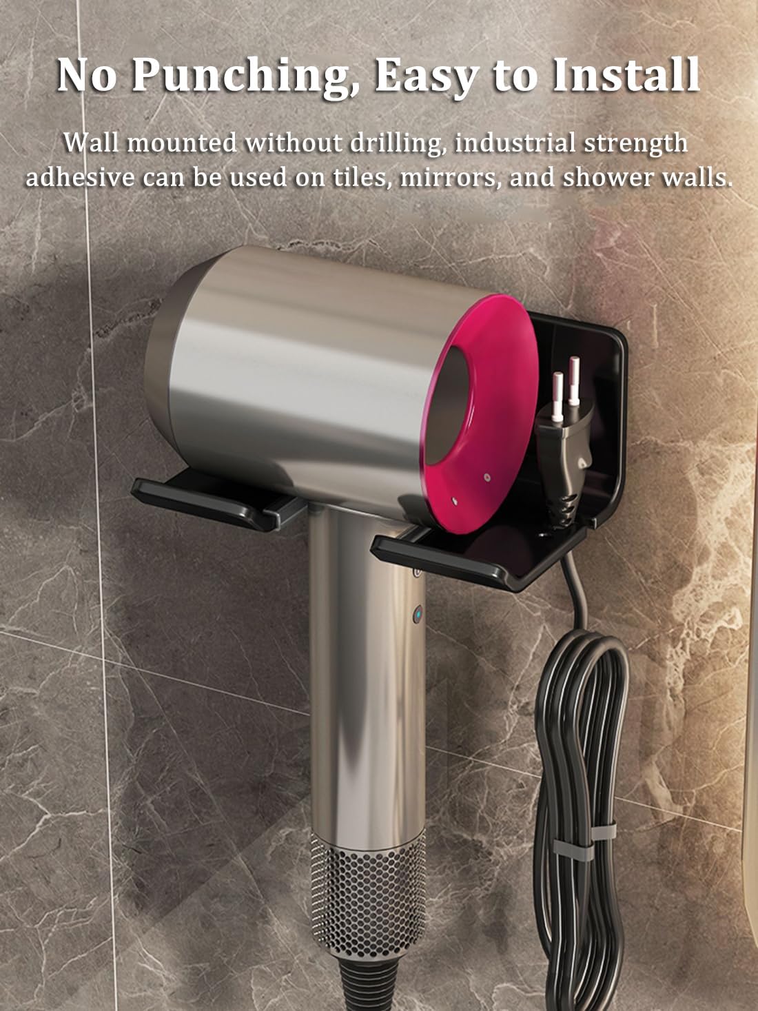Universal Hair Dryer Holder - Wall Mounted Storage Rack for Hair Dryers, No Punching, with Plug and Power Cord Organizer, Self Adhesive for Cabinet Bathroom (Black)